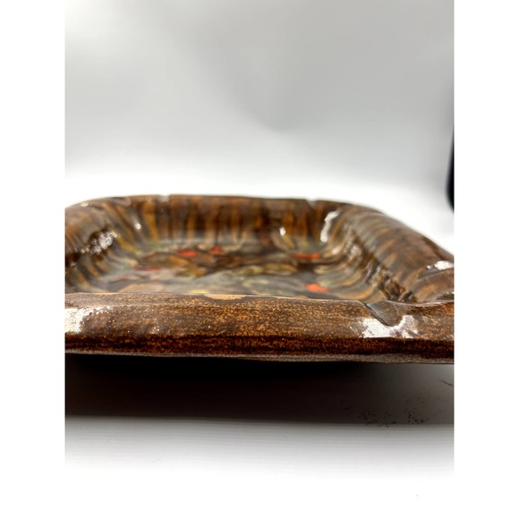 Vintage MCM Ceramic Ashtray Brown Multi Color 12" Square Cigar Ashtray - Picture 5 of 7